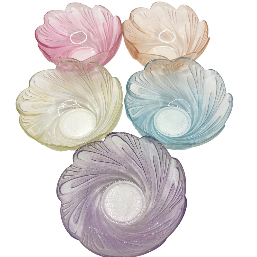 Vintage KIG Pastel Frosted Glass Scalloped Shell Dessert Bowls Set of 5